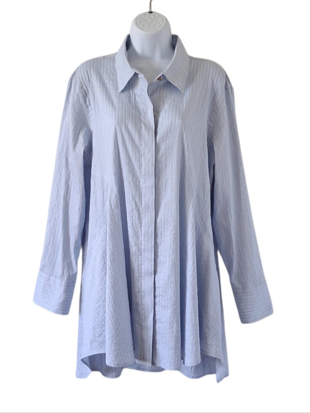Donna Karan New York Shirt XL Laganlook Blue Stripe Blouse Pockets Long Line